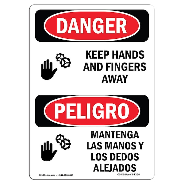 OSHA Sign, Keep Hands & Fingers Away Bilingual, 18in X 12in Rigid Plastic, 12" W, 18" L, Spanish